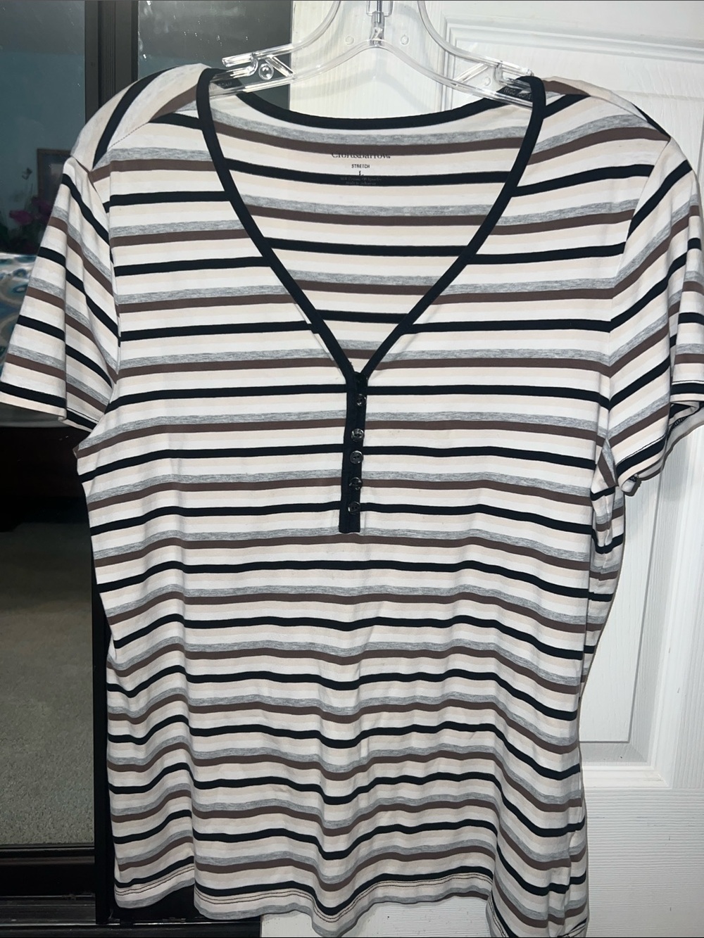 Croft&Barrow Striped Real Button Up Short Sleeve Top in Black/White/Brown